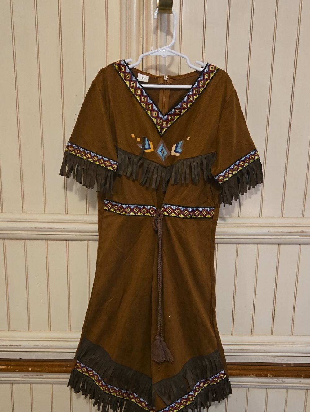 Embroidered Fringe Brown Native American Dress with Tassel Tie